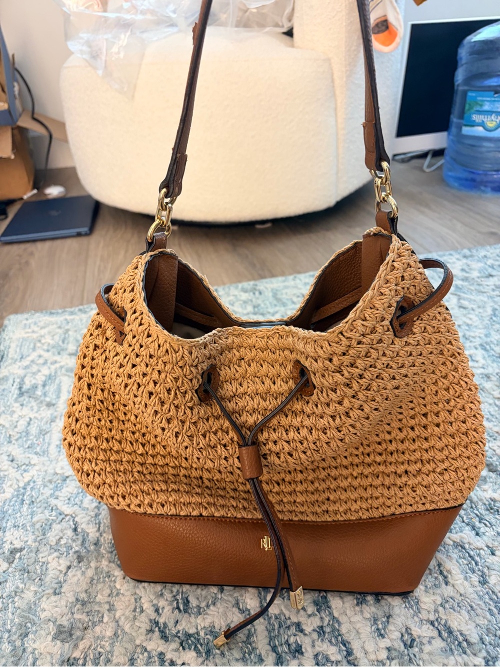 Lauren Ralph Lauren Straw Debby Drawstring Bag in Tan - Picture 2 of 11